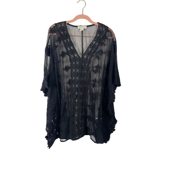 Forever 21 Women Black Mesh Embroidered Batwing Cover up Top Vneck Size S - Picture 1 of 8